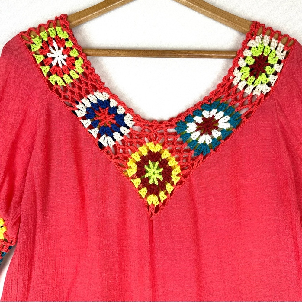Asha Multi Colored Crochet Square Boho Peasant Shirt - Picture 2 of 6